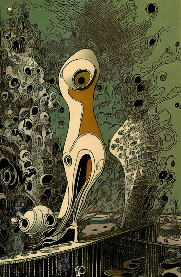 Abstract one-eyed creature in green and brown psychedelic art style.