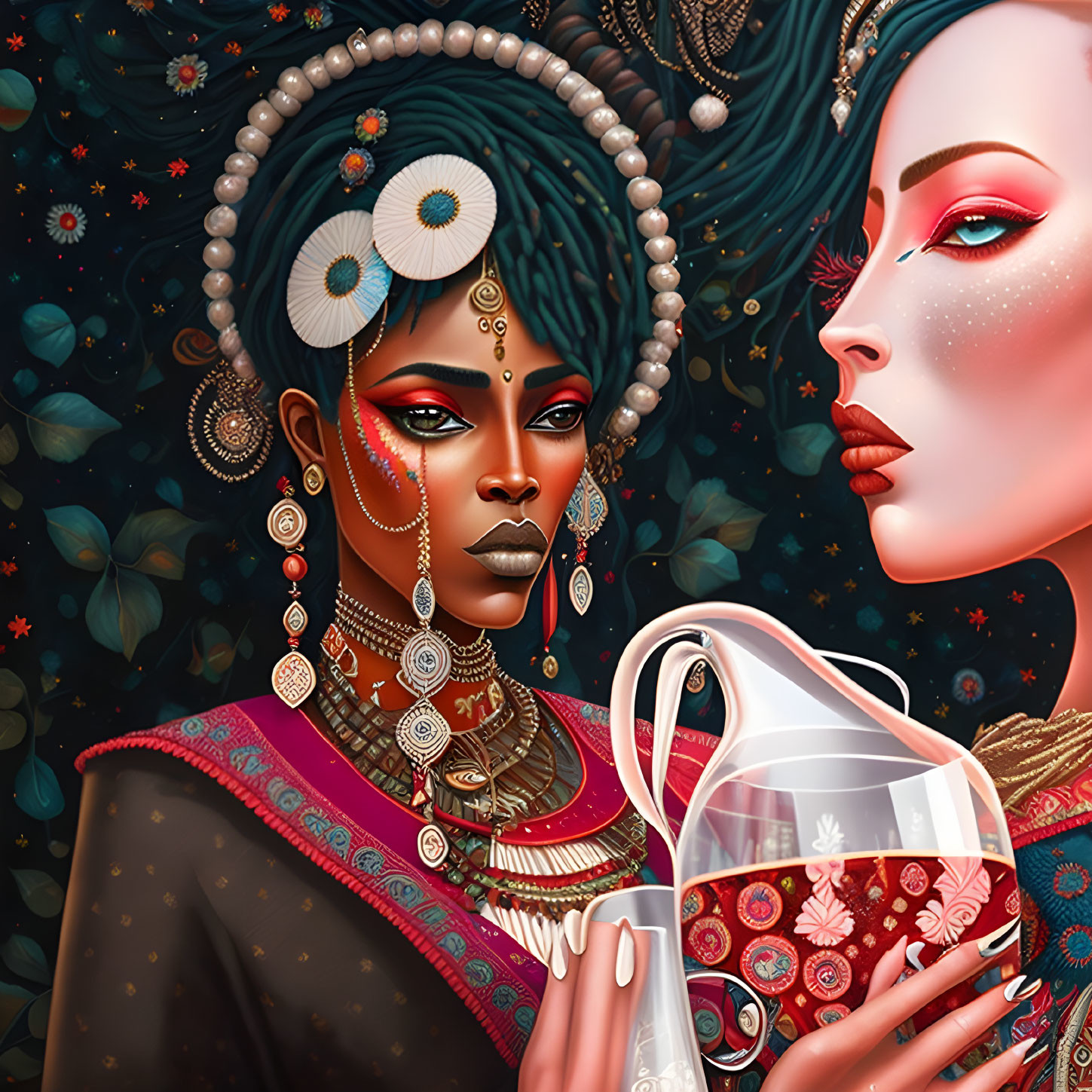 Stylized women with elaborate hairstyles and makeup against floral backdrop holding wine glass