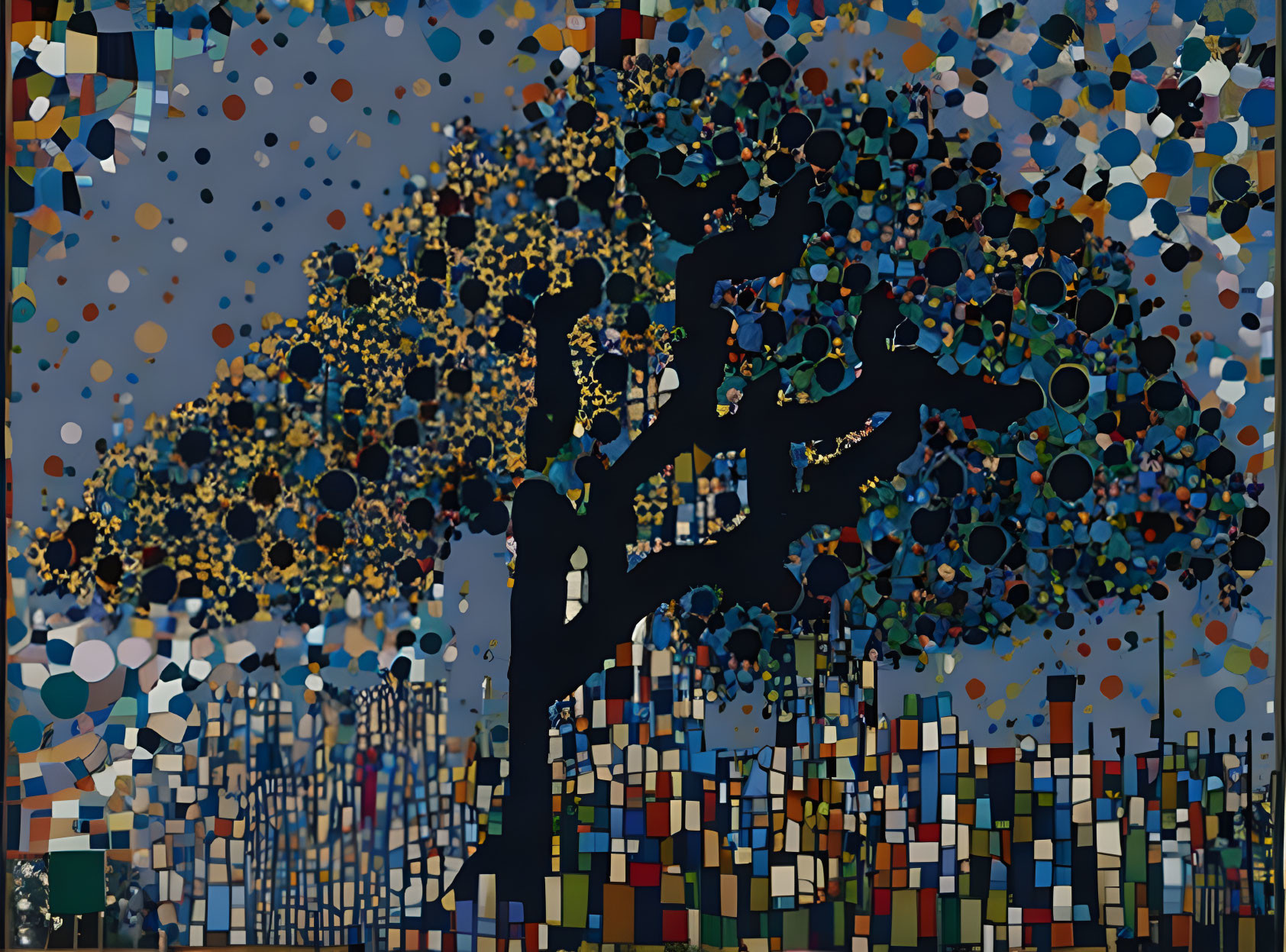 Colorful Abstract Tree Silhouette Mosaic on Night Sky Background