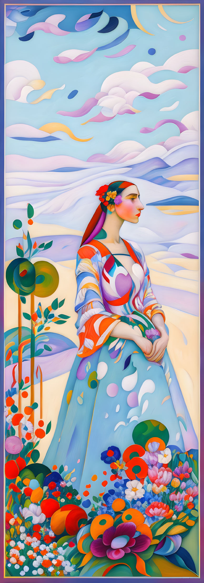 Woman with Floral Headdress Surrounded by Flowers and Pastel Sky