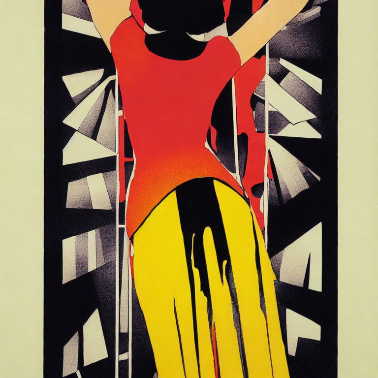 Stylized graphic of person in red and yellow attire with piano key-like shapes