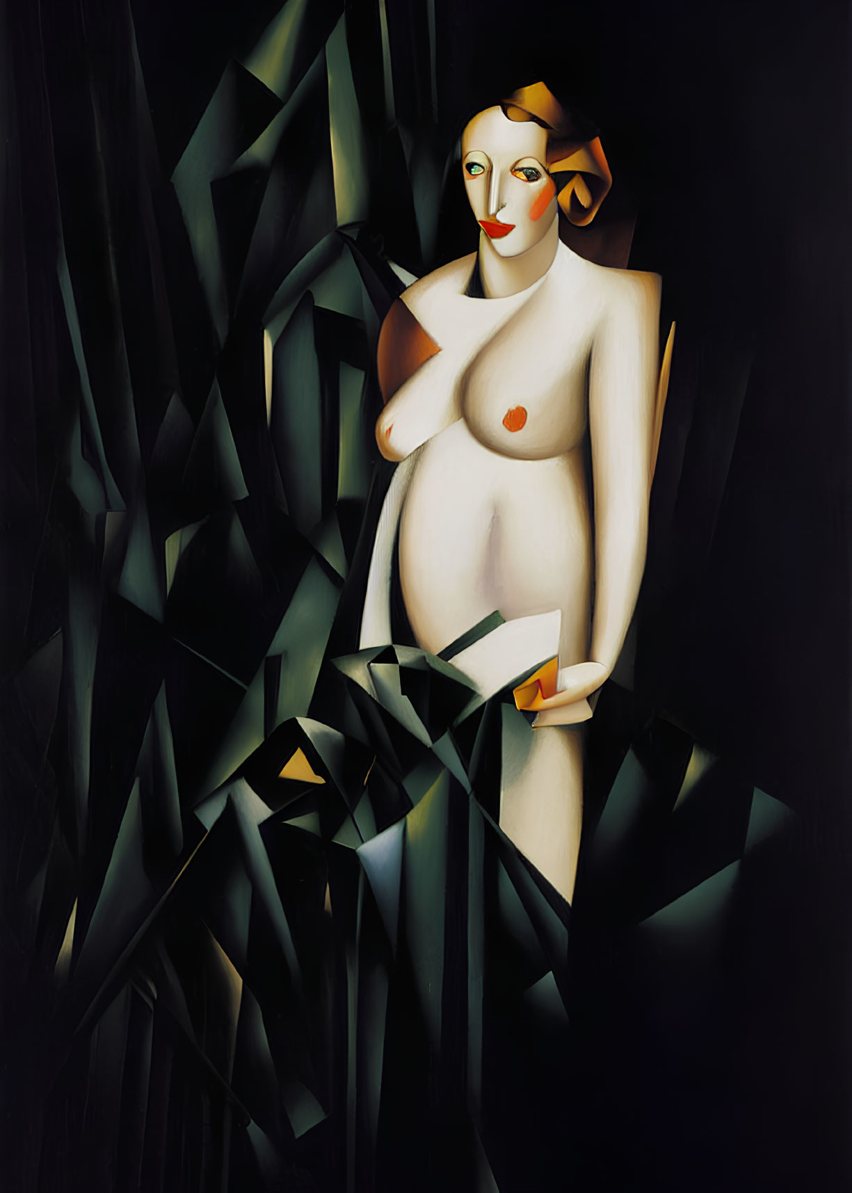 Abstract cubist painting of female figure with sharp geometric shapes and smooth curves in dark palette