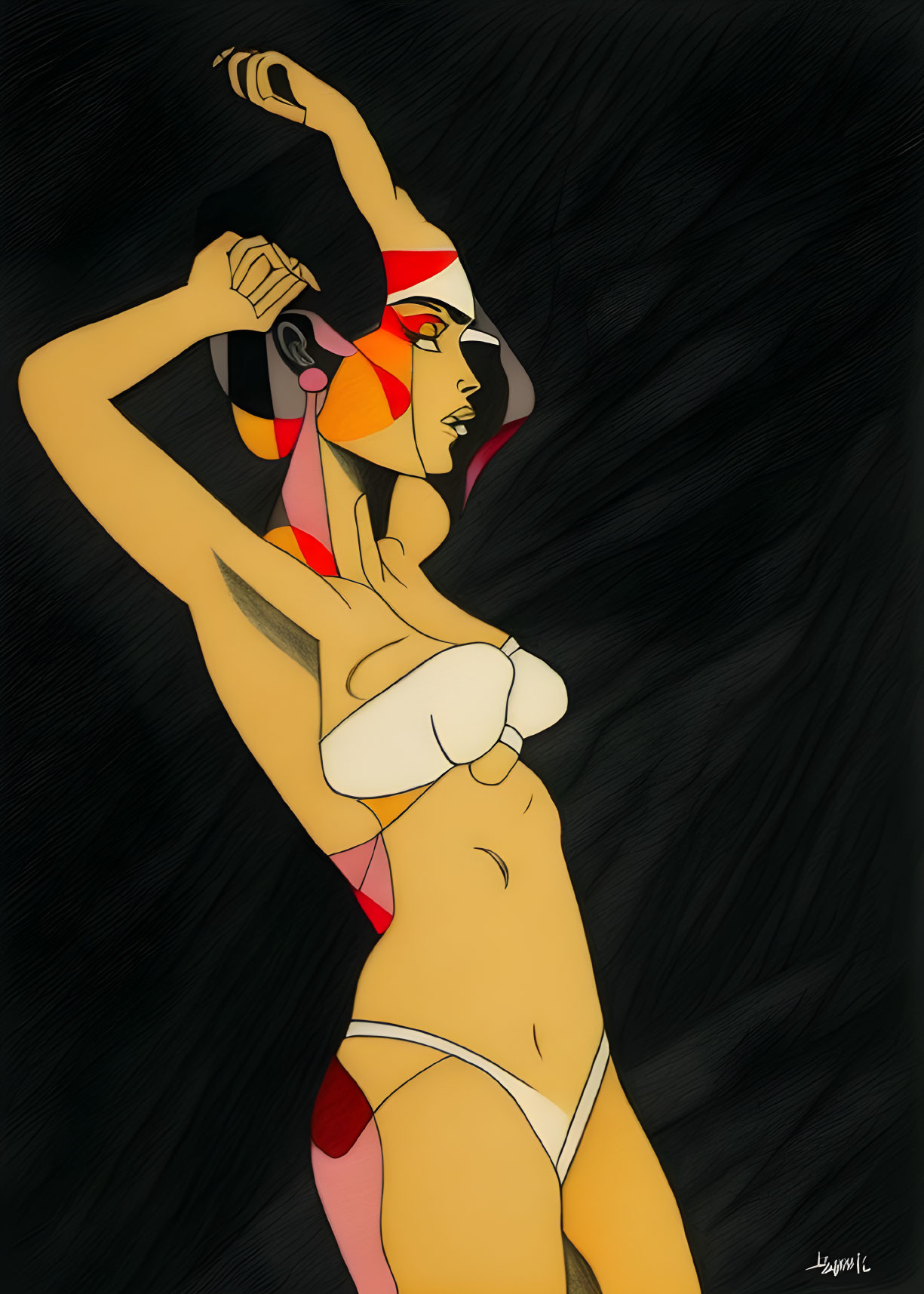 Abstract woman illustration with red, black, and yellow patterns on white bikini