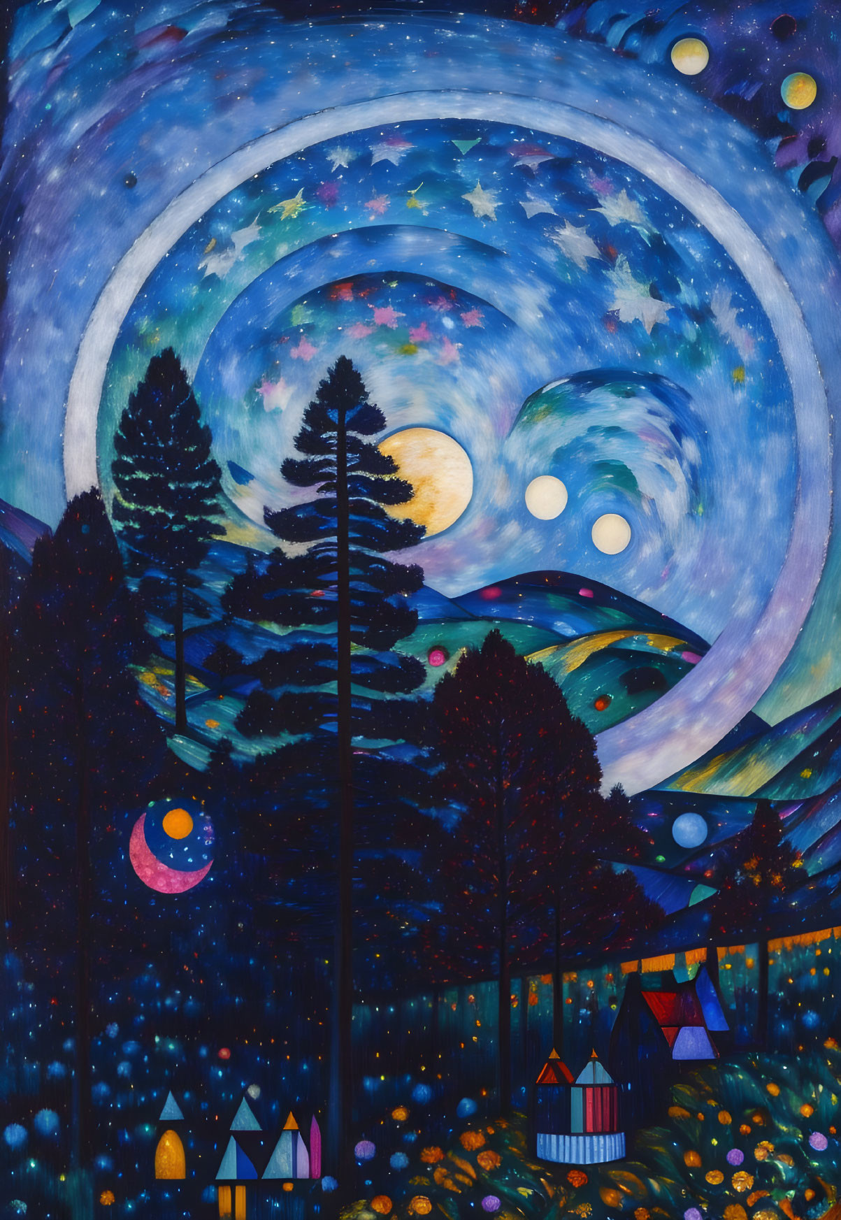 Whimsical painting of starry night sky, full moon, pine trees, colorful houses & floral