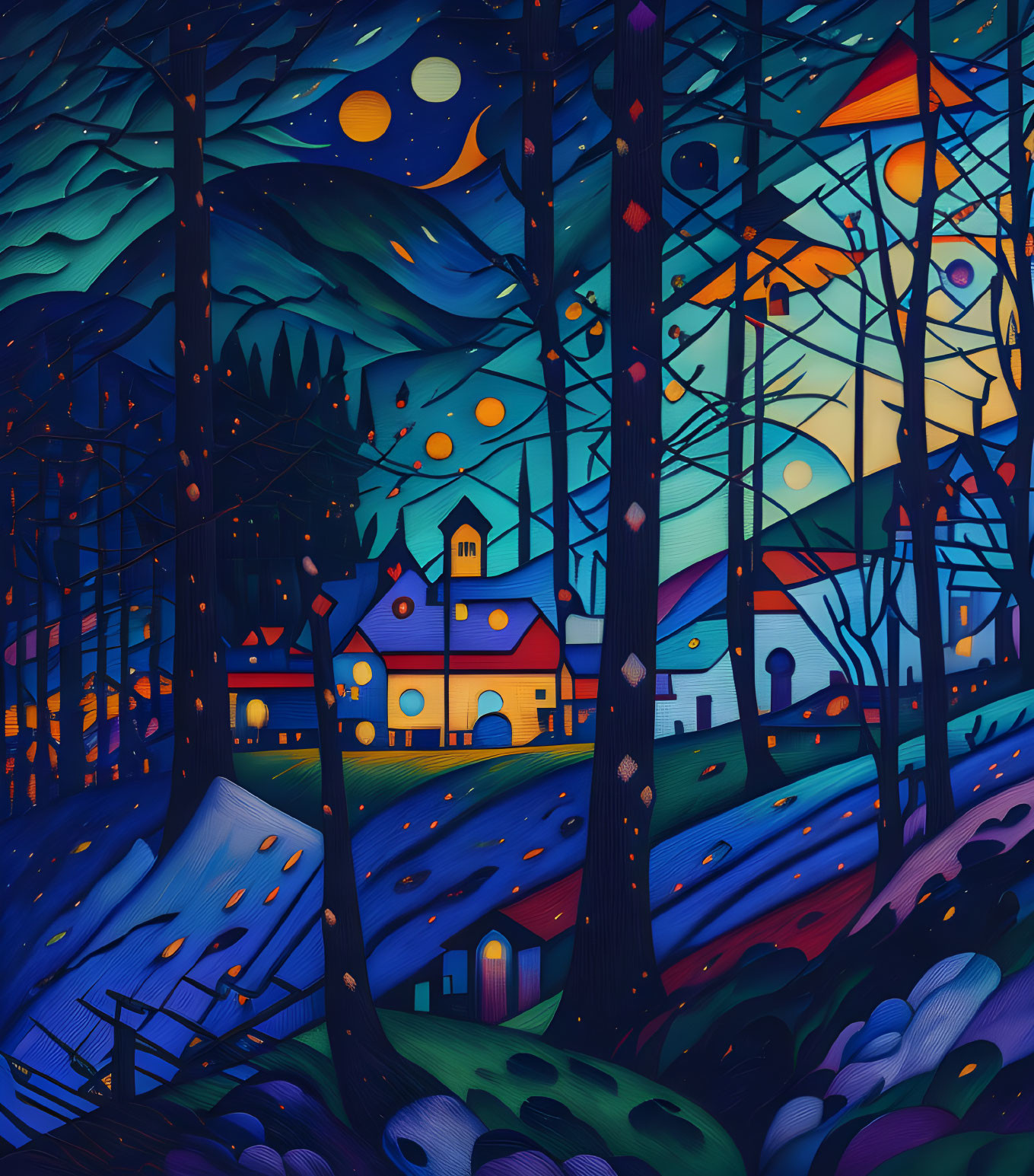 Colorful illustration: Nocturnal forest with cozy house under starry sky