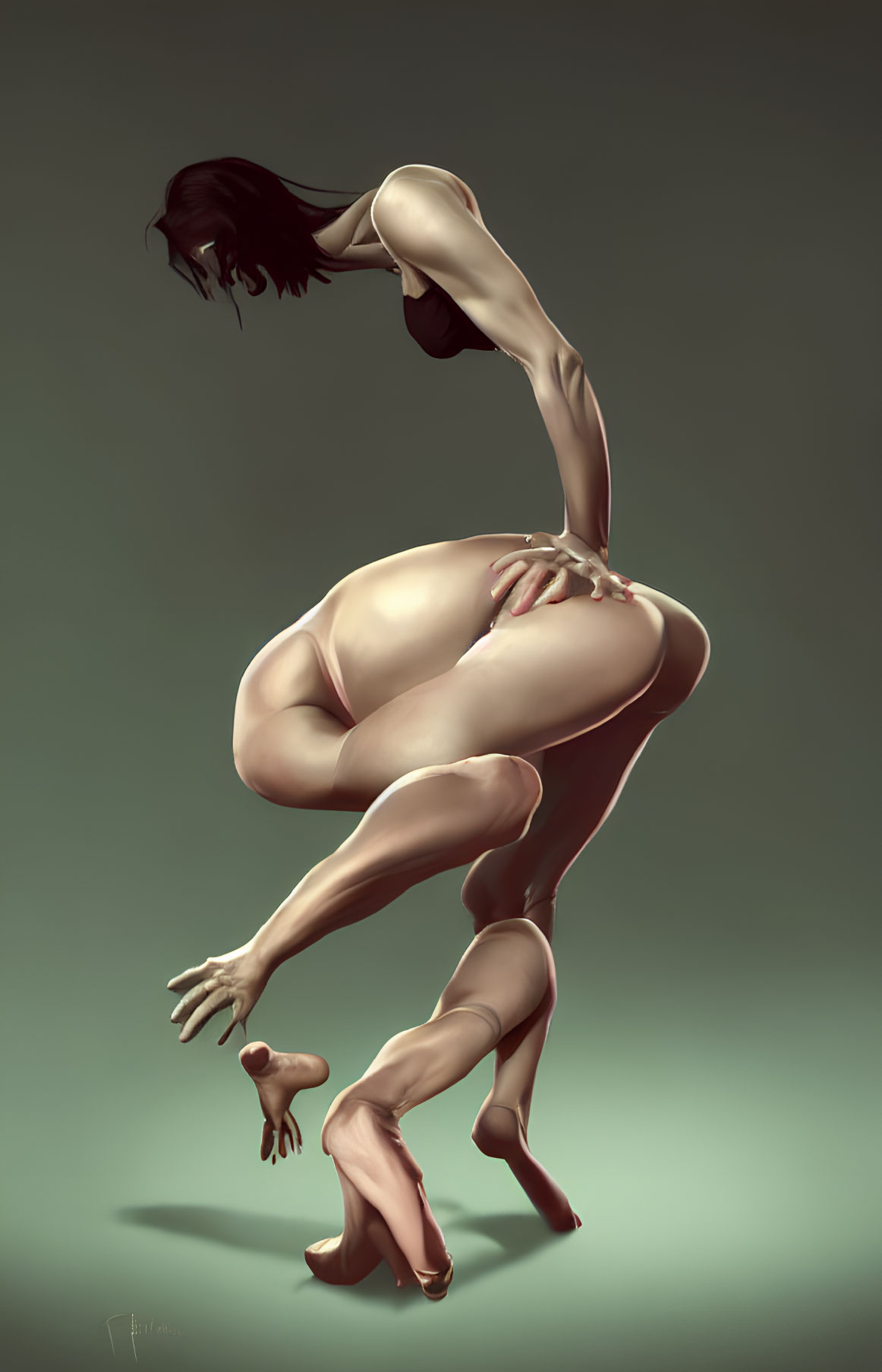 Surreal digital art of contorted nude figure balancing on one hand