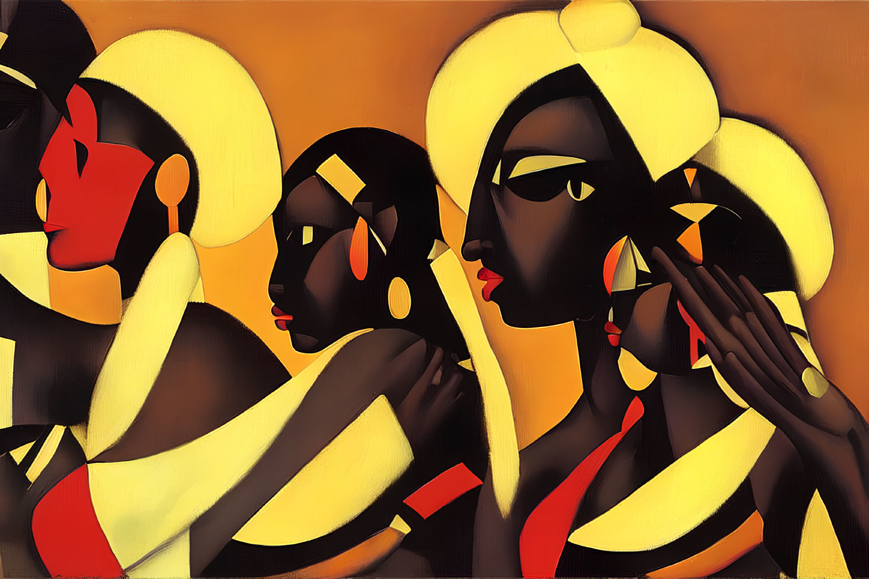 Artistic depiction of three women with exaggerated features in warm color palette