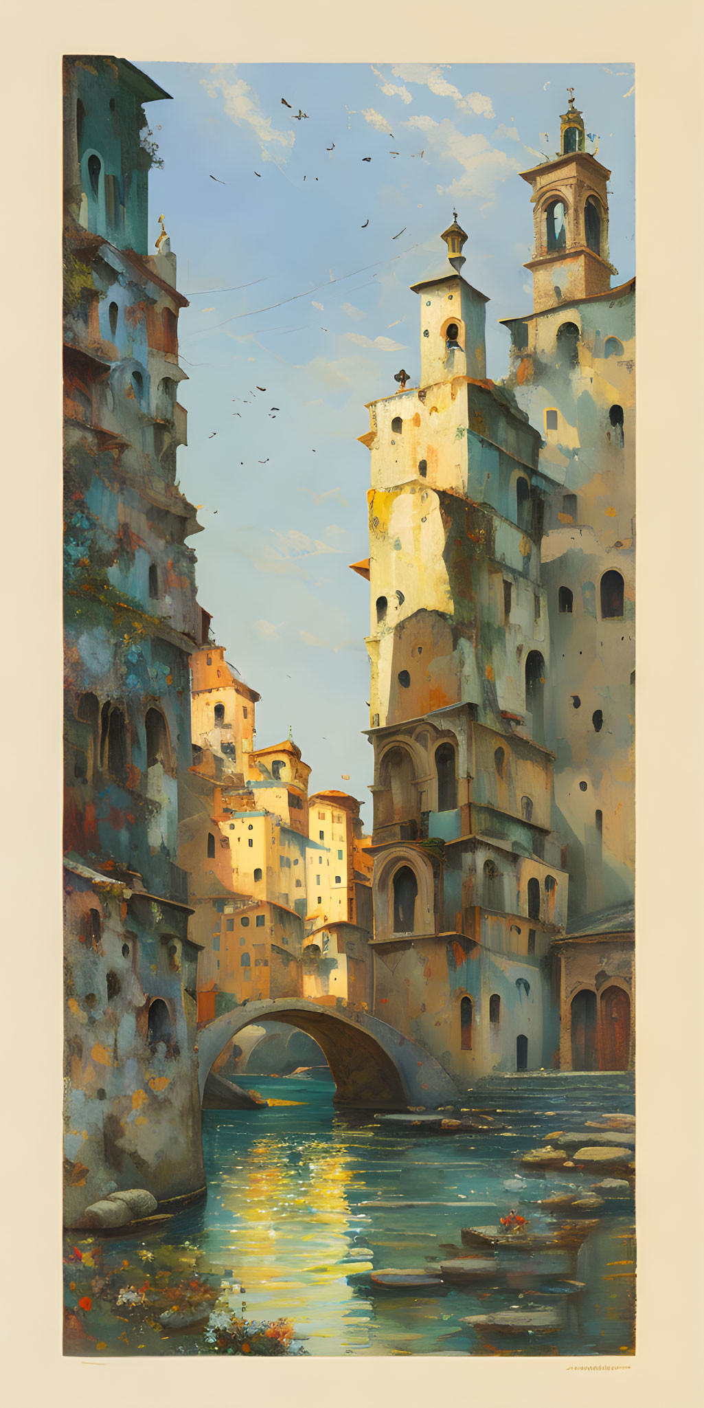 Fantasy cityscape painting with multistoried towers, stone bridge, birds in golden atmosphere