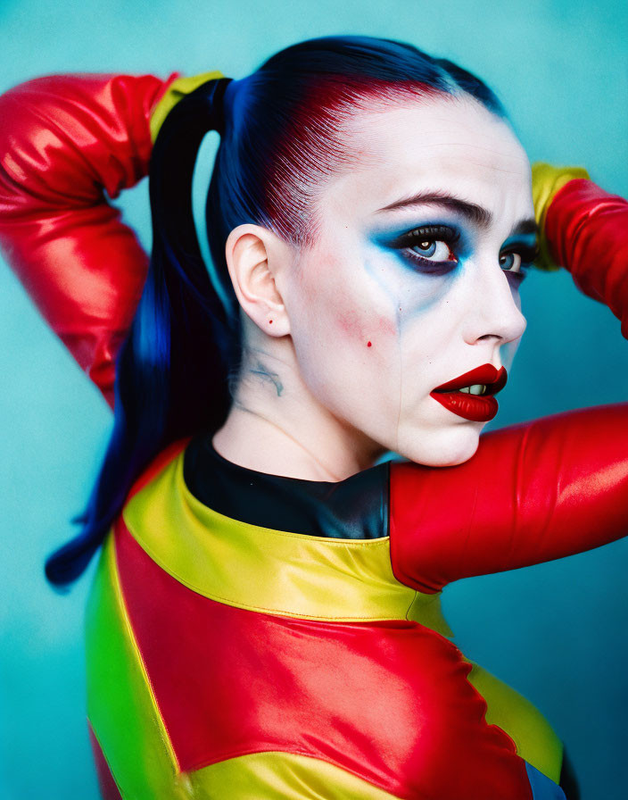 Colorful costume woman with dramatic makeup and red lipstick striking a pose