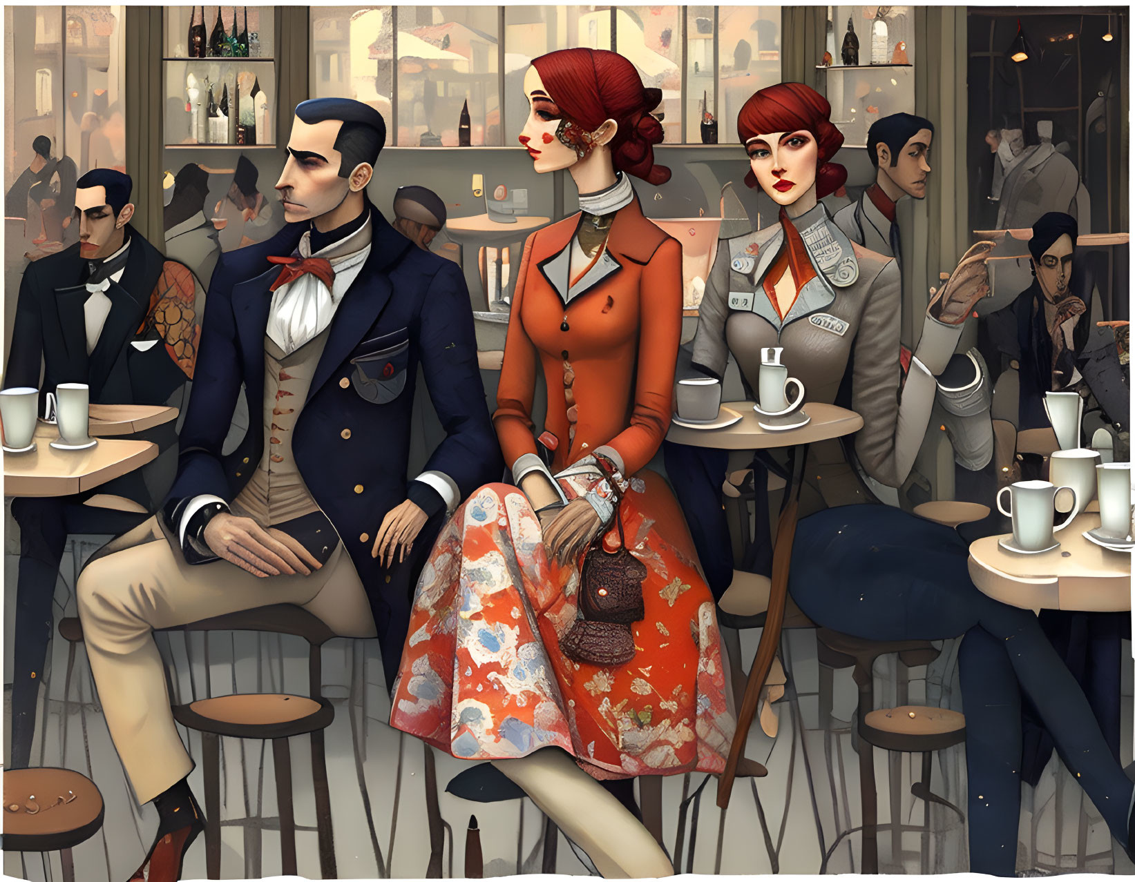 Elegant Vintage Cafe Scene with Three Chic Characters