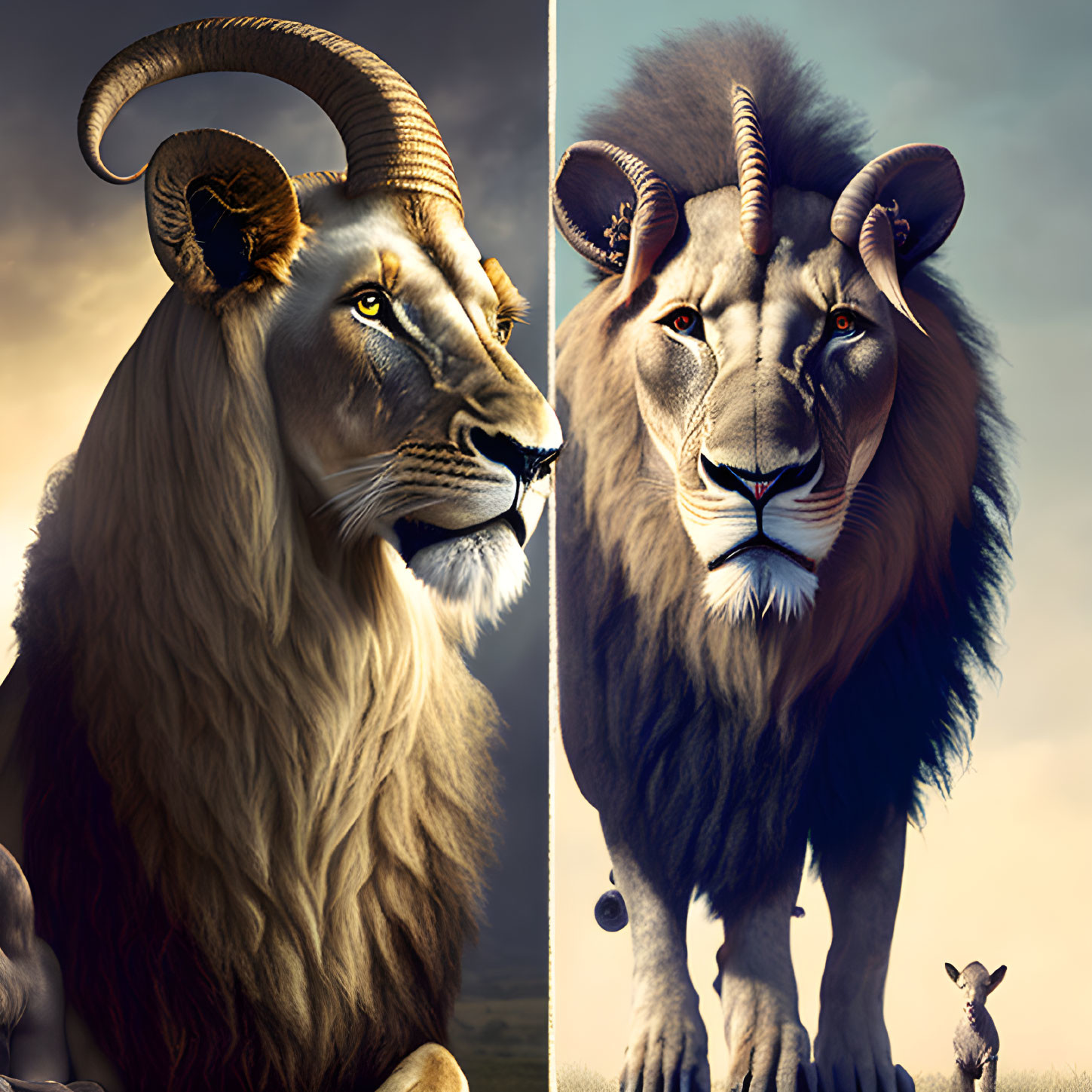 Lion with Ram's Horn and Lion with Earring Split Image