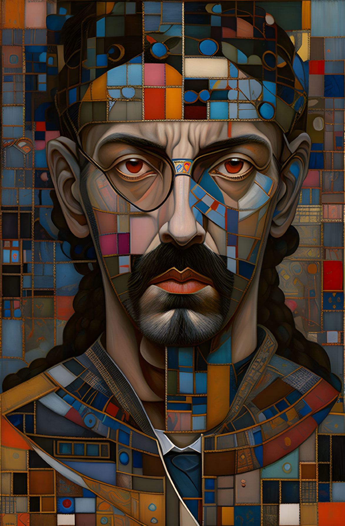 Colorful Geometric Patchwork Portrait of Man with Mustache and Beard