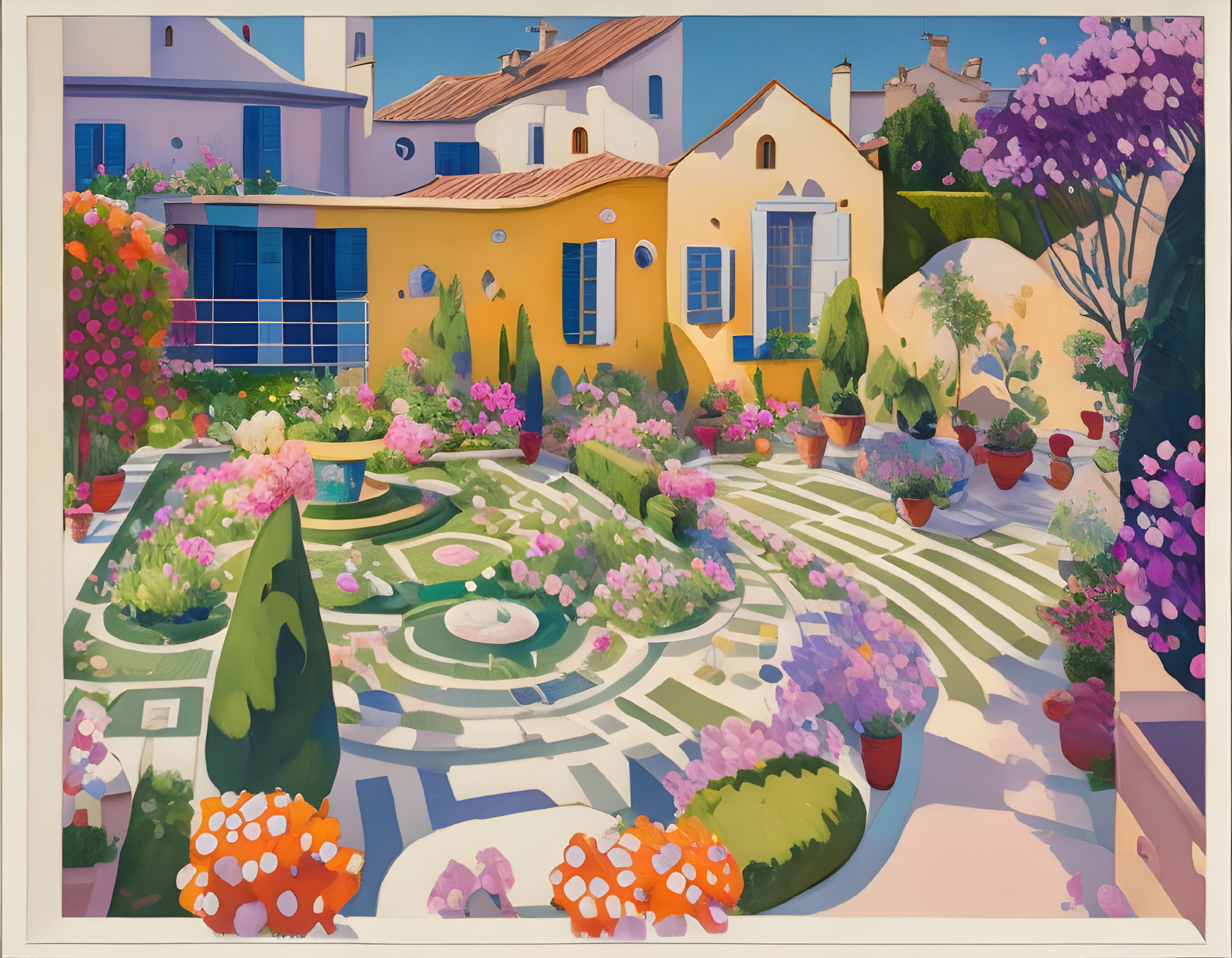 Colorful garden illustration with patterned pathways and quaint houses