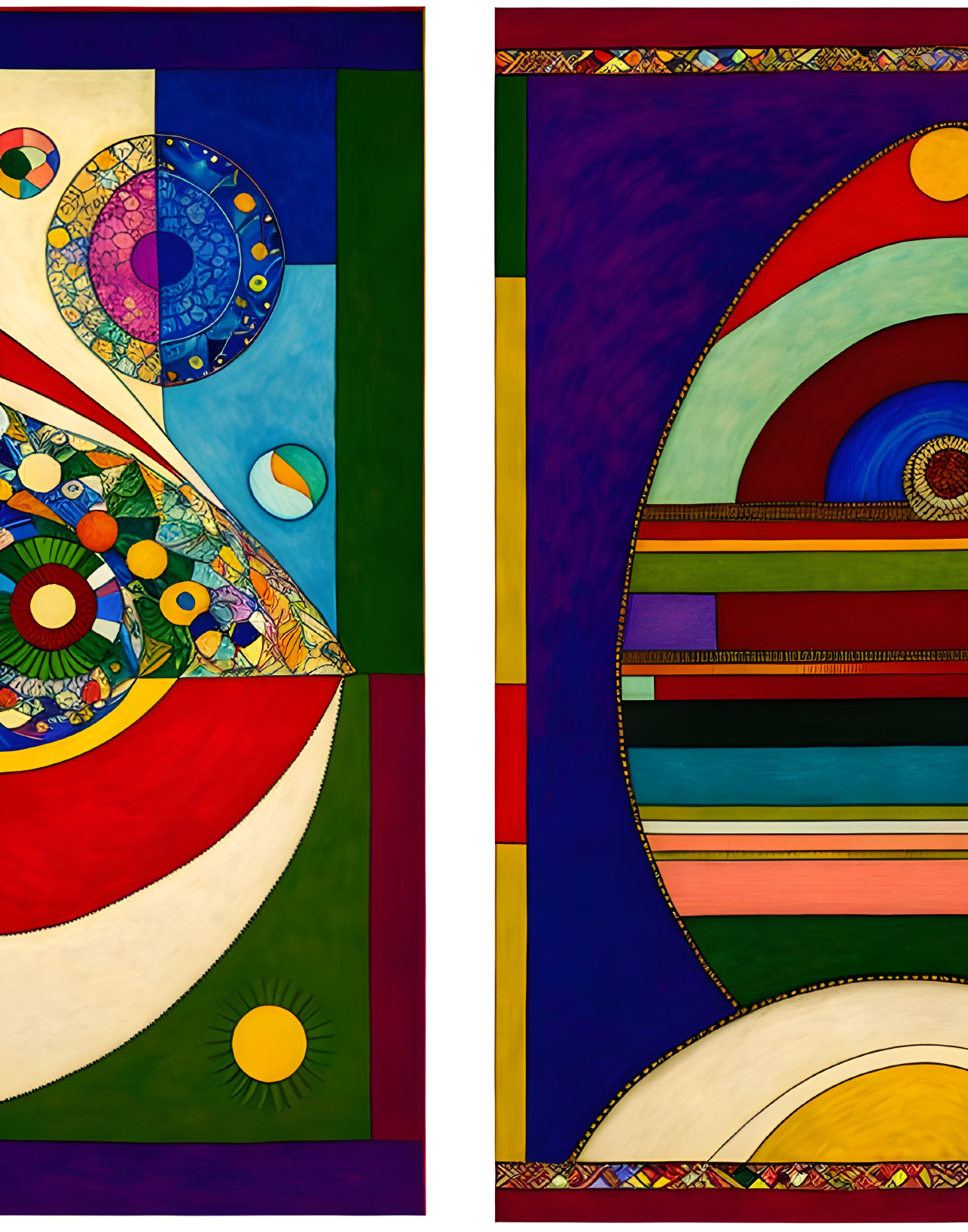 Vibrant abstract art: geometric and curved shapes, sun motif, blues, reds, greens