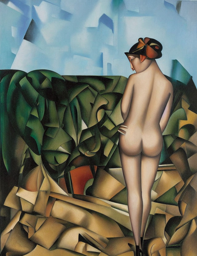 Stylized painting of nude figure with mask in abstract landscape