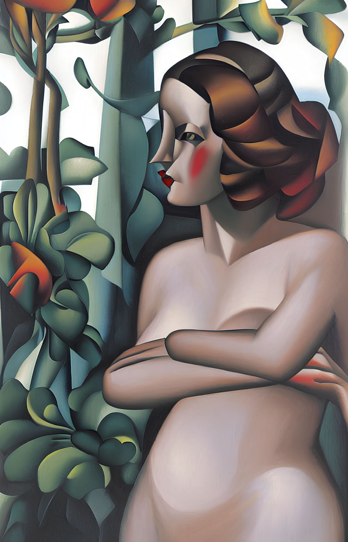 Stylized painting of woman with red lips and greenery.