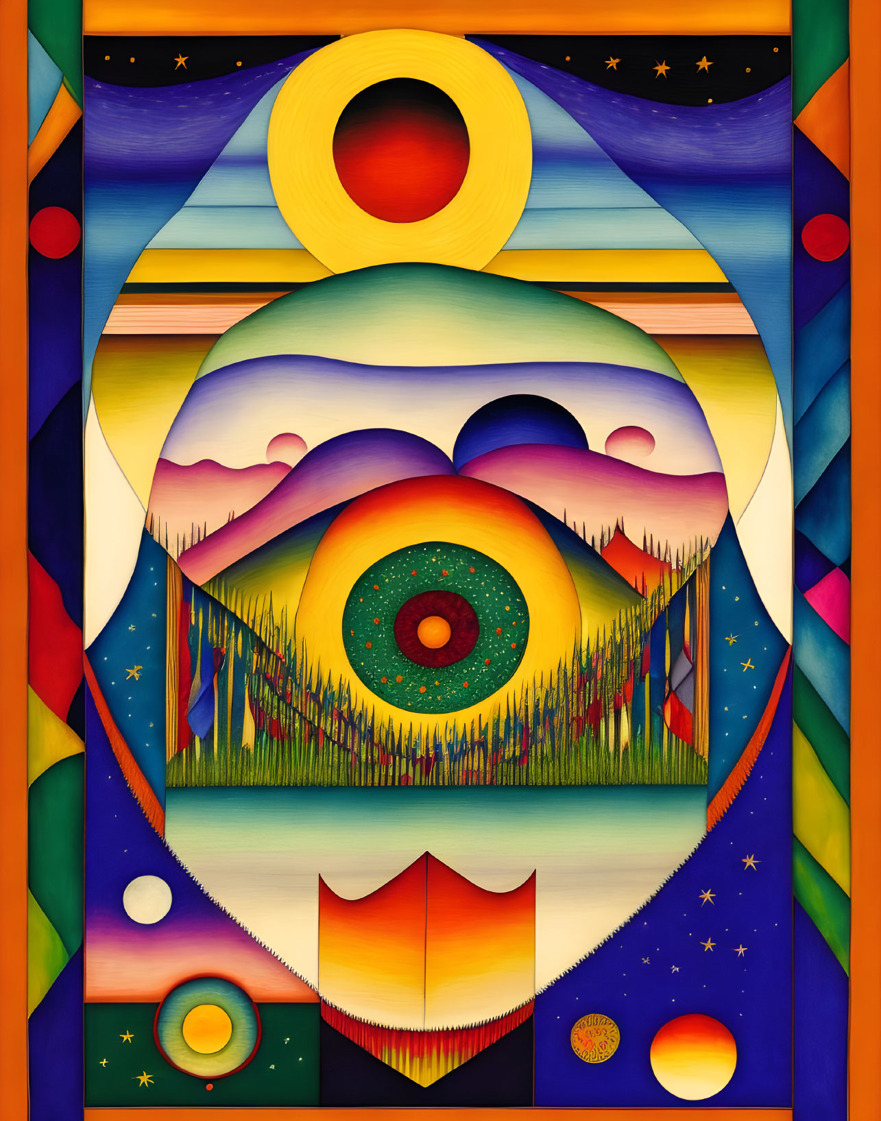 Colorful Abstract Painting with Geometric Shapes and Celestial Motifs