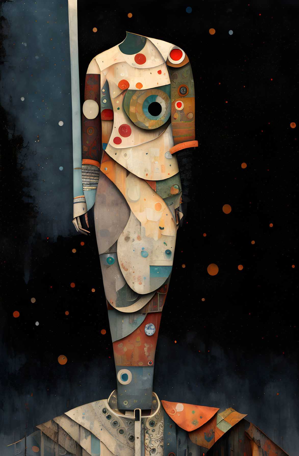 Surrealist humanoid figure with central eye motif in abstract shapes