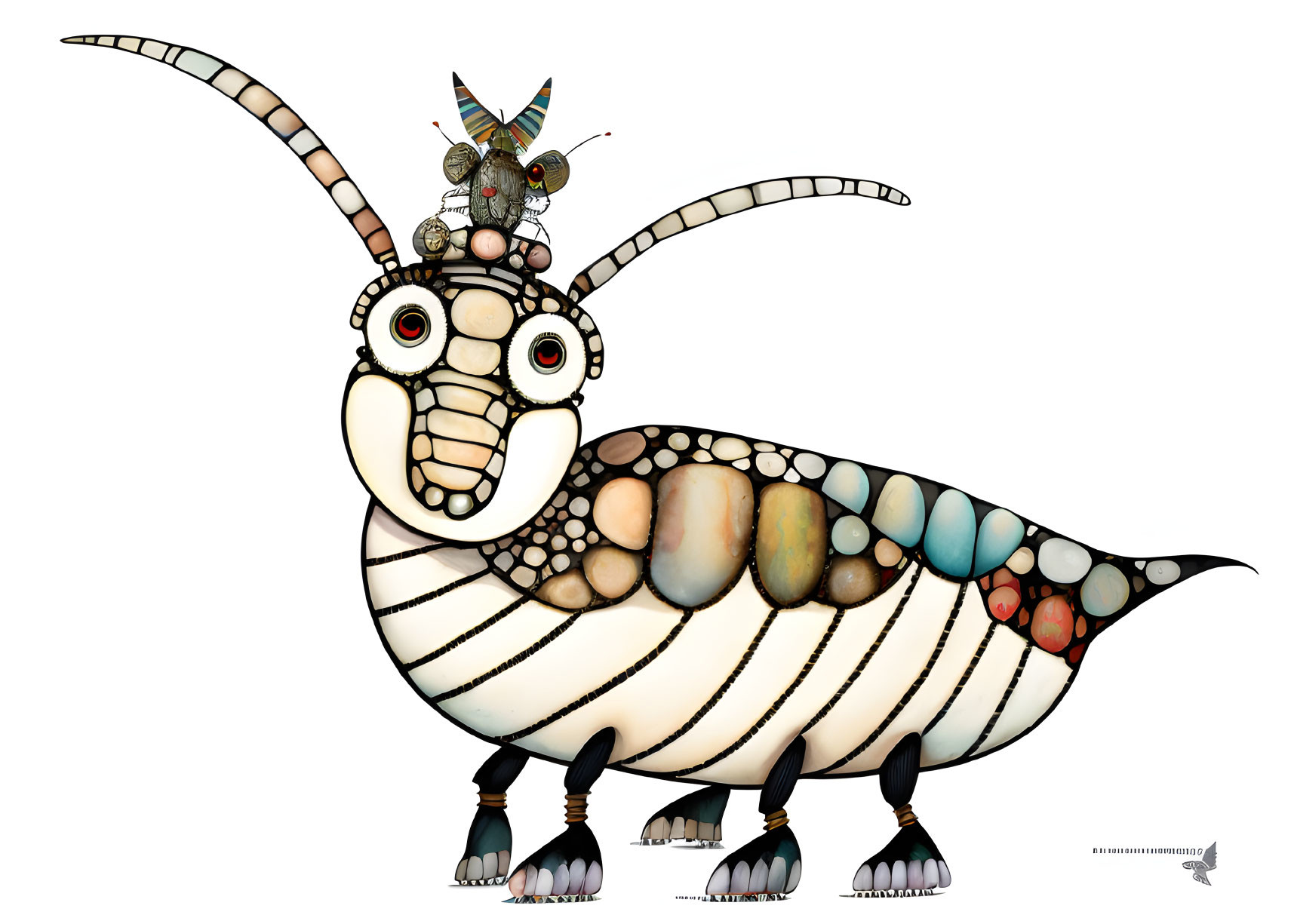 Colorful segmented insect illustration with long antennae and multiple eyes