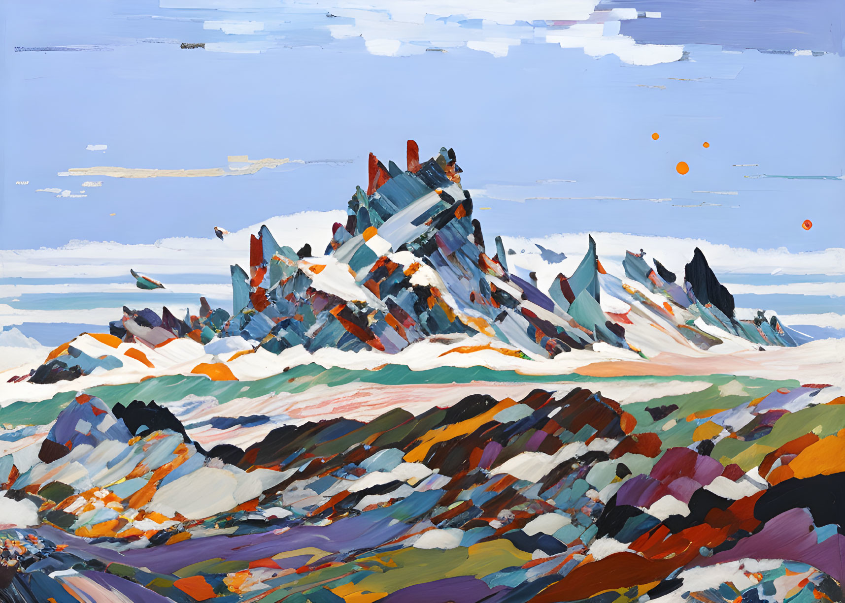 Colorful abstract landscape painting with vibrant geometric peaks and dynamic blues and oranges, contrasted by rounded foreground