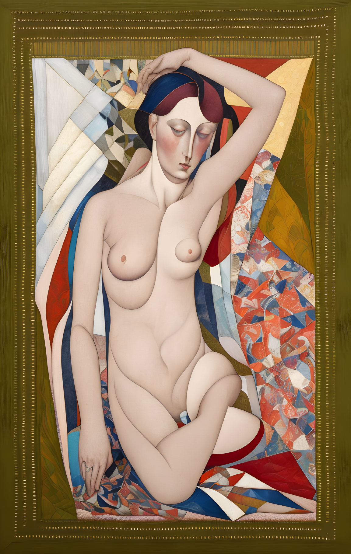 Seated nude female figure with red and blue drapery on colorful background