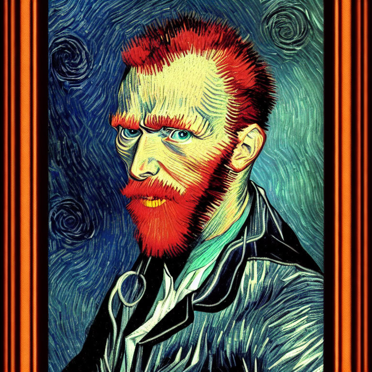 Colorful self-portrait of a red-bearded man in ornate frame