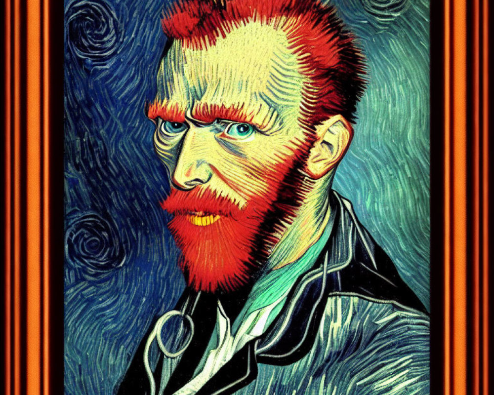 Colorful self-portrait of a red-bearded man in ornate frame