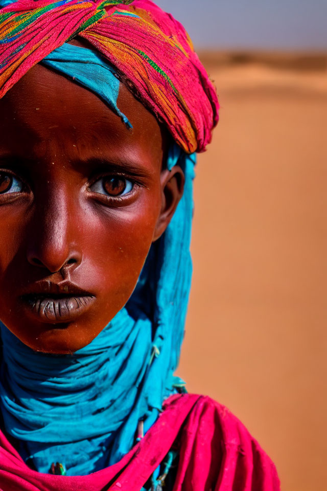 Vibrant turquoise and pink headwear on intense gaze portrait