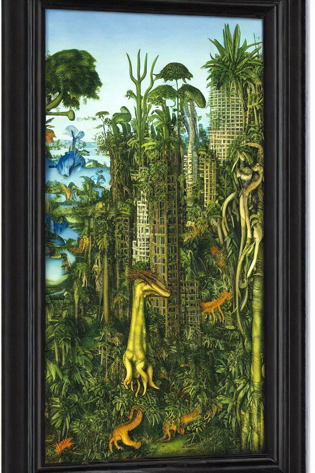 Surreal painting of cityscape merging with jungle and dinosaurs