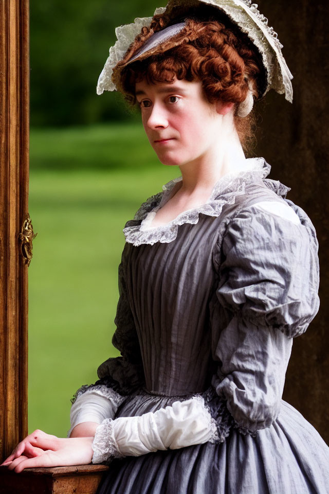 Historical woman in bonnet beside wooden frame in green background