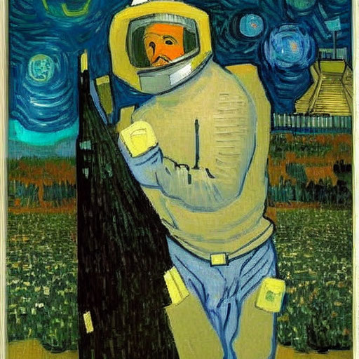 Stylized astronaut in Van Gogh-inspired landscape