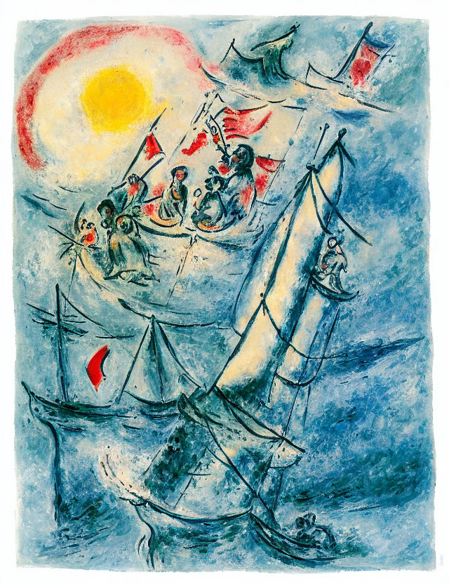 Colorful painting of sailboats in rough seas under a yellow sun with figures and flags.