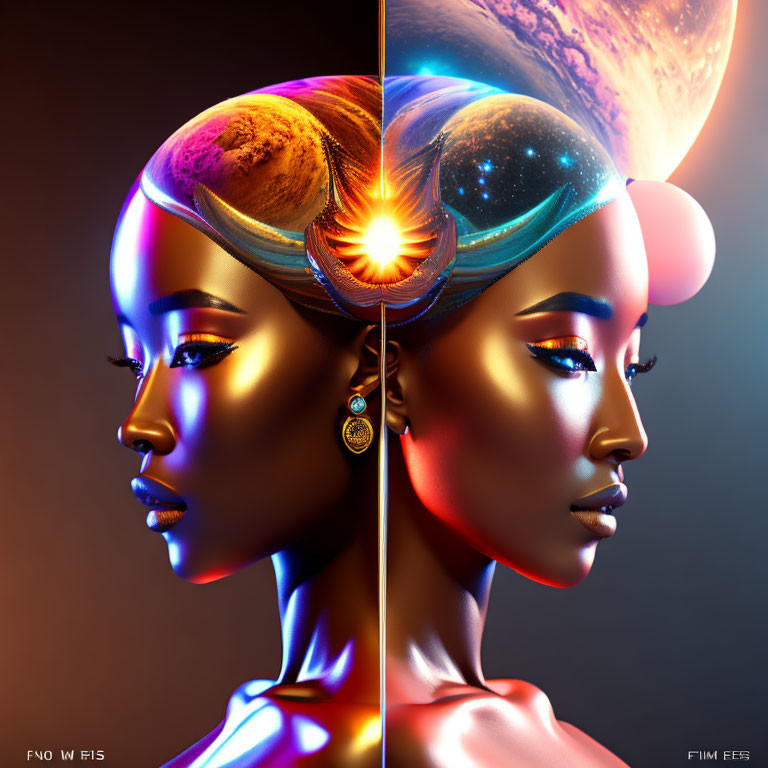 Split portrait of a woman: celestial theme vs. warm tones portrait