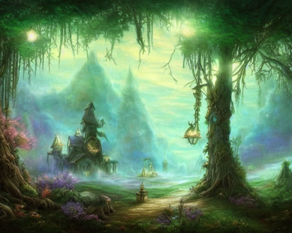 Mystical forest scene with green light, colorful flora, and quaint houses