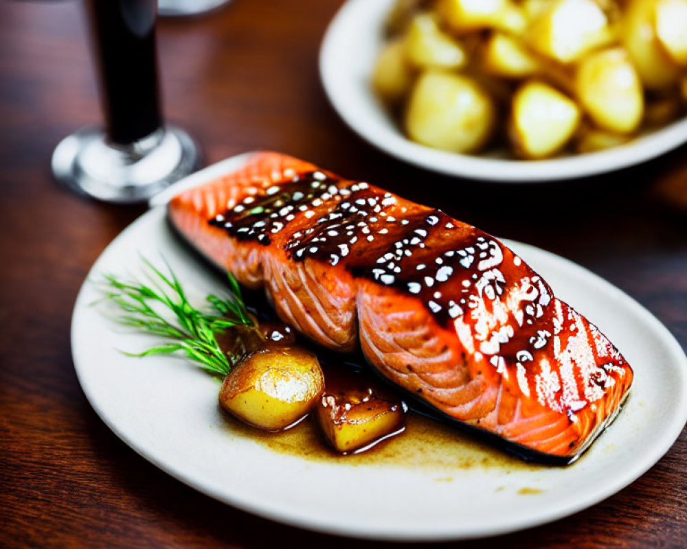 Sesame-Crusted Grilled Salmon with Roasted Potatoes on White Plate