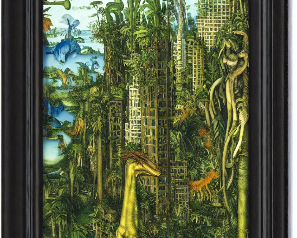 Surreal painting of cityscape merging with jungle and dinosaurs