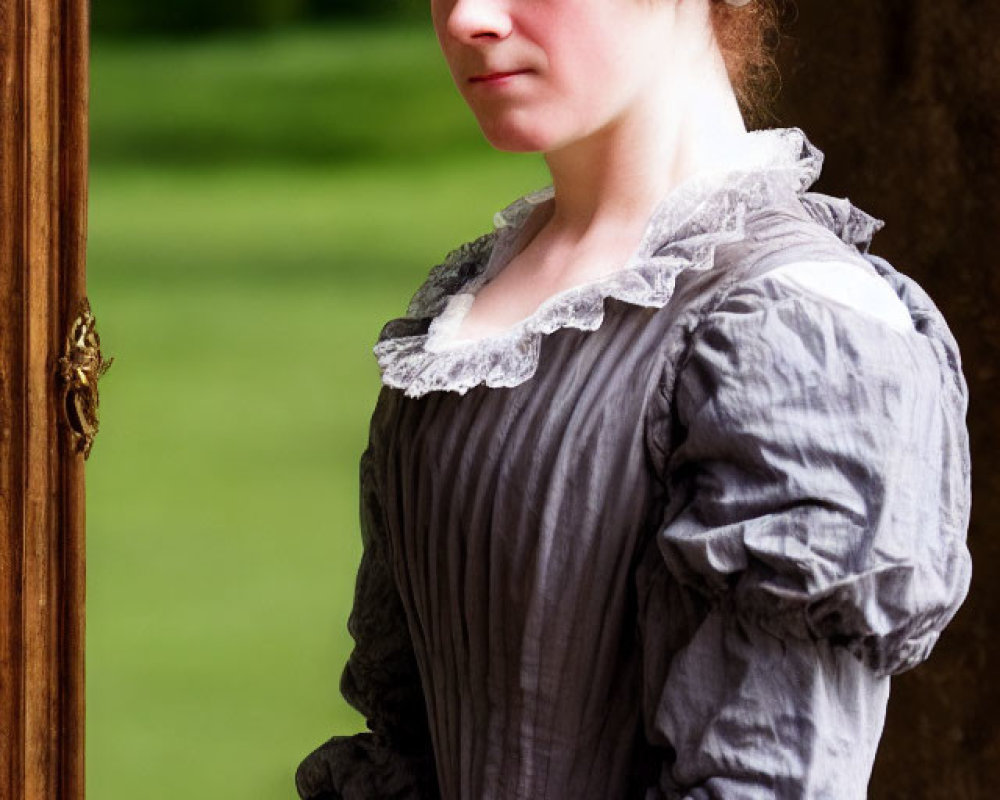 Historical woman in bonnet beside wooden frame in green background