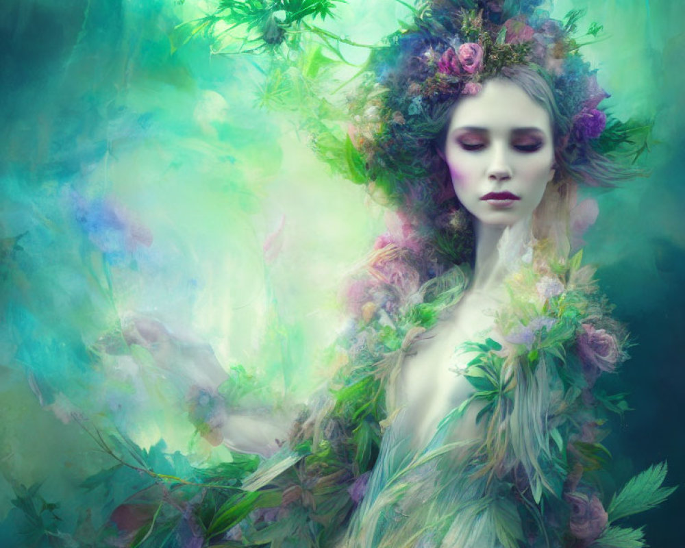 Woman with Floral Adornments in Ethereal Garden Portrait