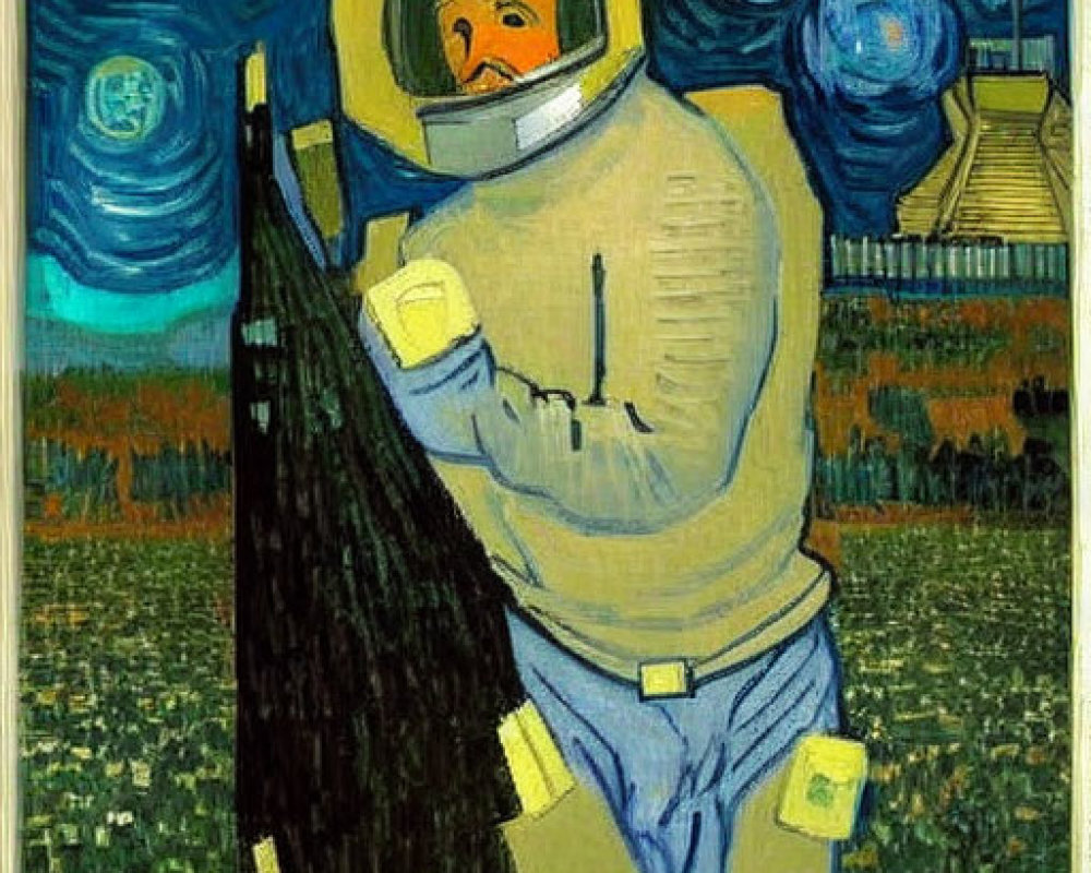 Stylized astronaut in Van Gogh-inspired landscape