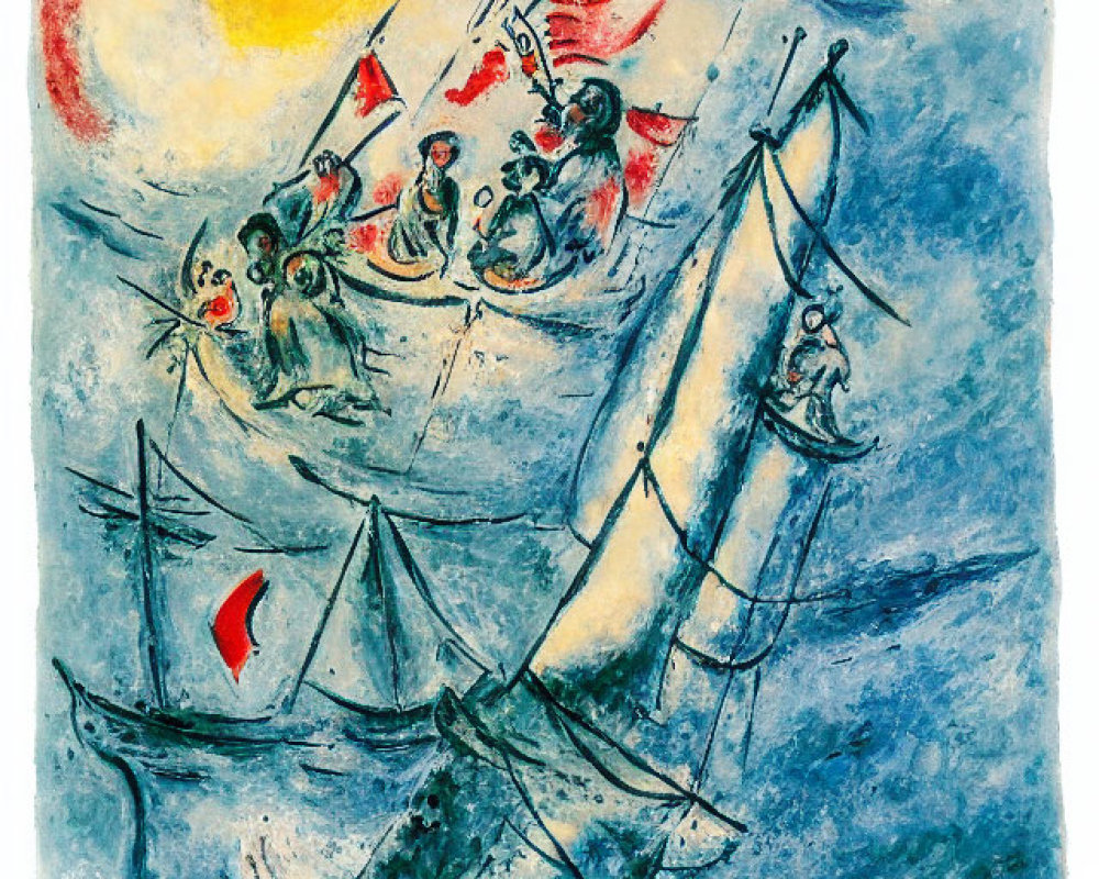 Colorful painting of sailboats in rough seas under a yellow sun with figures and flags.