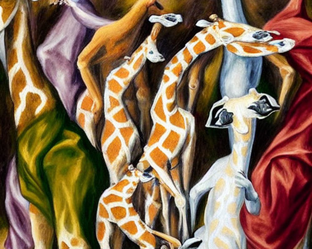 Vibrant painting of anthropomorphic giraffes dancing under moonlit sky