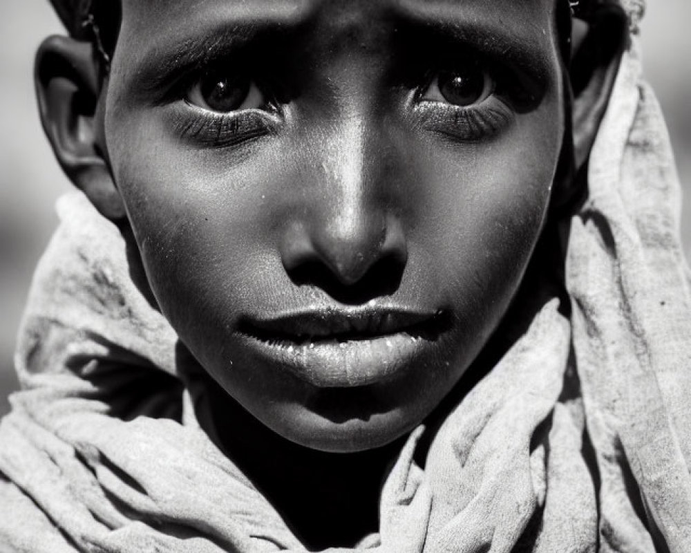 Monochrome portrait of young person in headscarf with expressive eyes