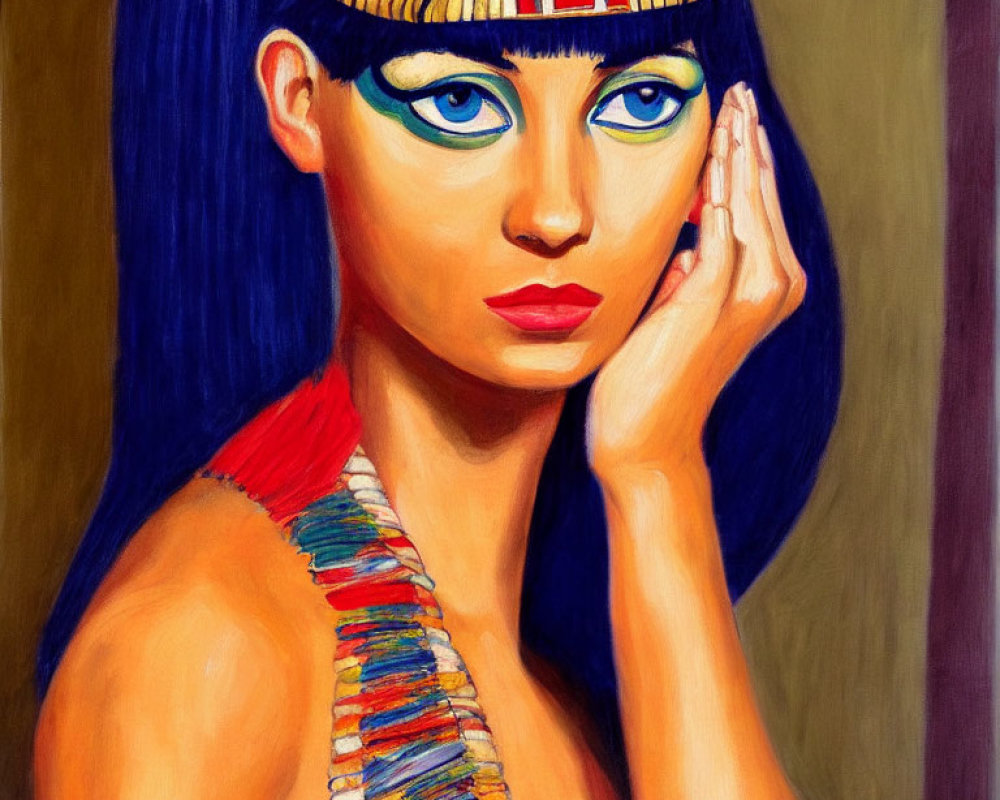 Portrait of a woman styled as Cleopatra with blue and gold headdress and multicolored necklace