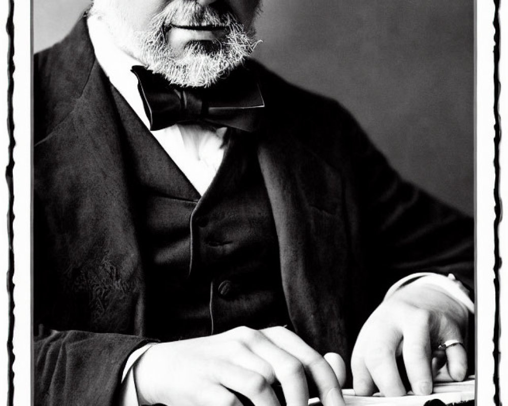 Vintage Black and White Portrait of Bearded Man in Suit at Desk