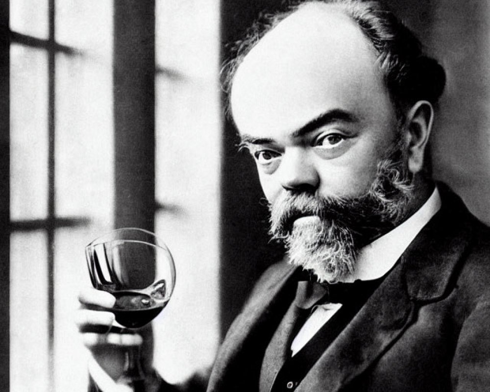 Vintage black and white photo: Seated balding man with beard holding glass of wine by window and