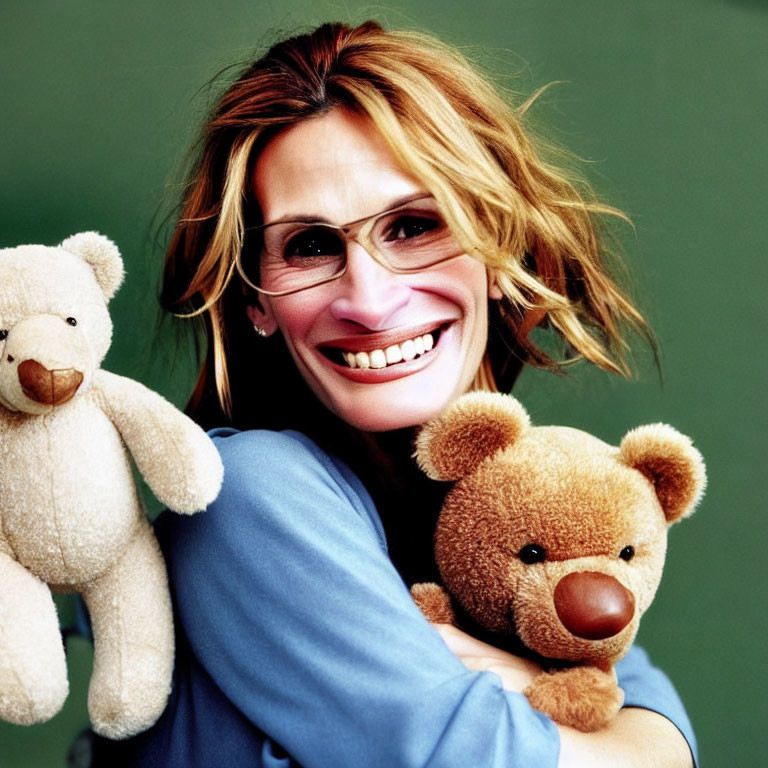 Blonde woman with glasses hugging teddy bears on green background