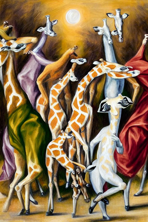 Vibrant painting of anthropomorphic giraffes dancing under moonlit sky