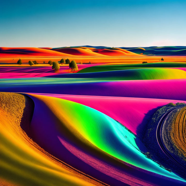 Surreal landscape with vibrant rolling hills in saturated colors