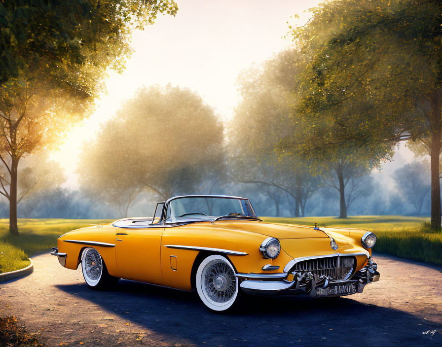 Yellow Convertible Car on Tree-Lined Road in Morning Mist