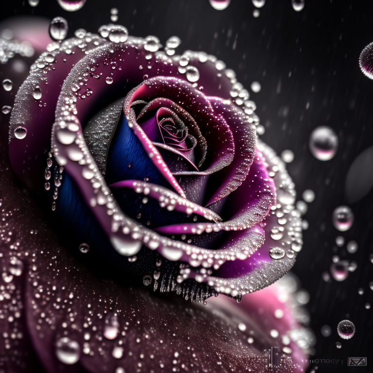 Multicolored rose with droplets on petals against dark background